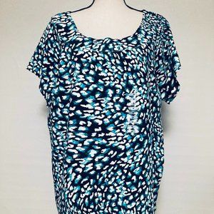 LIZ CLAIBORNE Size: 3X Black,White,&Bluegreen Leopard Print Short Sleeve Shirt